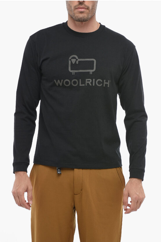 Shop Woolrich Long Sleeved Crew-neck T-shirt With Printed Logo