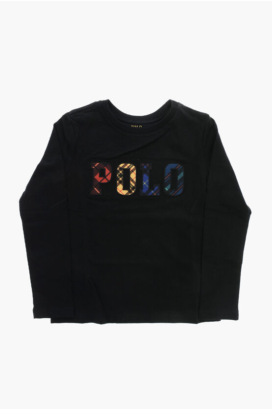 Polo Ralph Lauren Long Sleeved Crew-neck T-shit With Plaid Motif Logo In Black