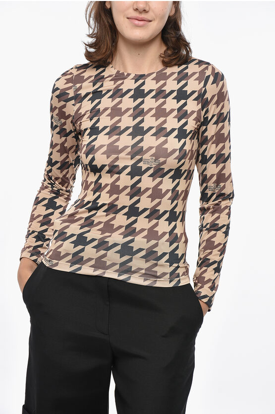 Rokh Long Sleeved Crew-neck Top With Houndstooth Motif In Brown