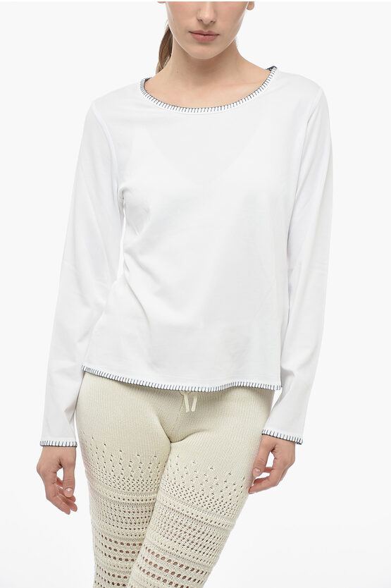 Fay Long Sleeved Crewneck T-shirt With Contrasting Seams Details In White
