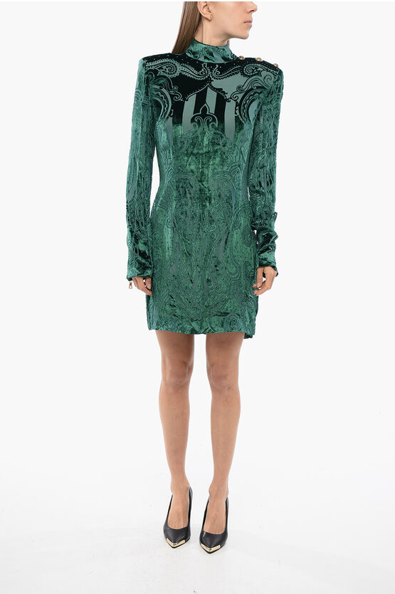 Shop Balmain Long Sleeved Devore-velvet Dress