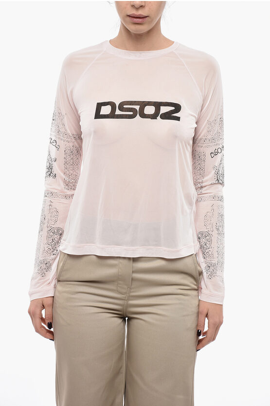 Dsquared2 Long-sleeved Mesh T-shirt With Front Logo In Pink