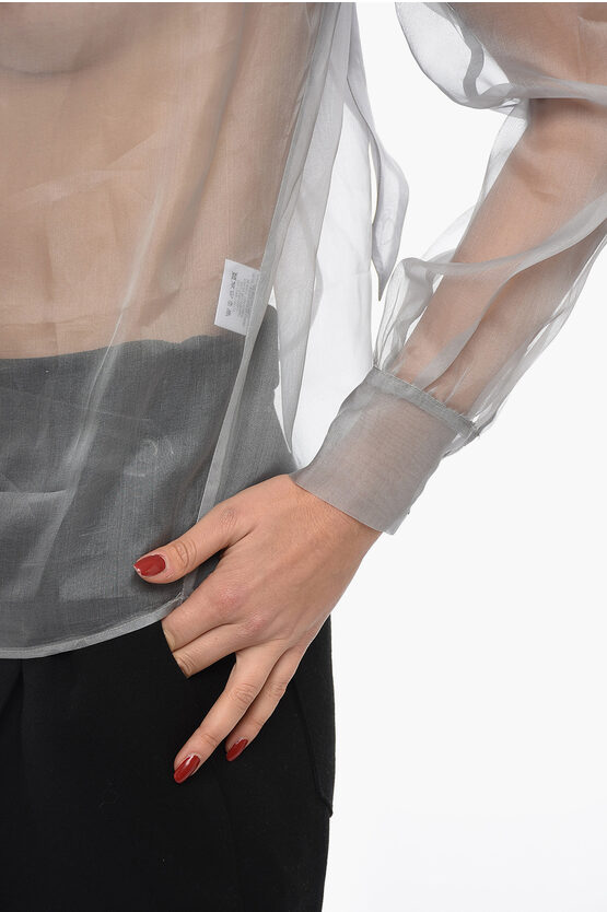Nine Minutes Long Sleeved Sheer Blouse With Ribbon Collar