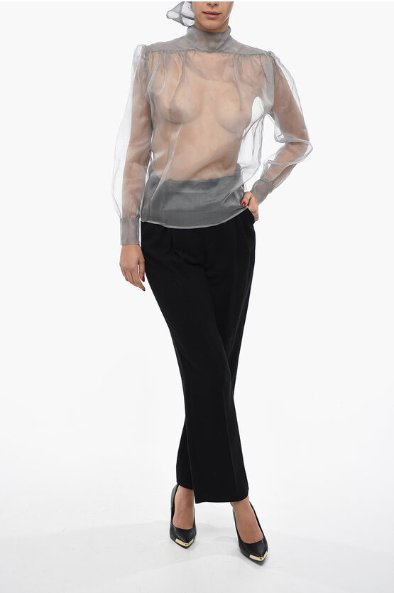 Nine Minutes Long Sleeved Sheer Blouse With Ribbon Collar