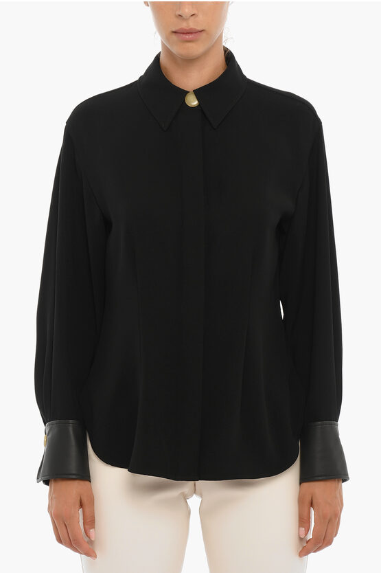 Vince Long Sleeved Shirt With Faux Leather Cuffs In Black