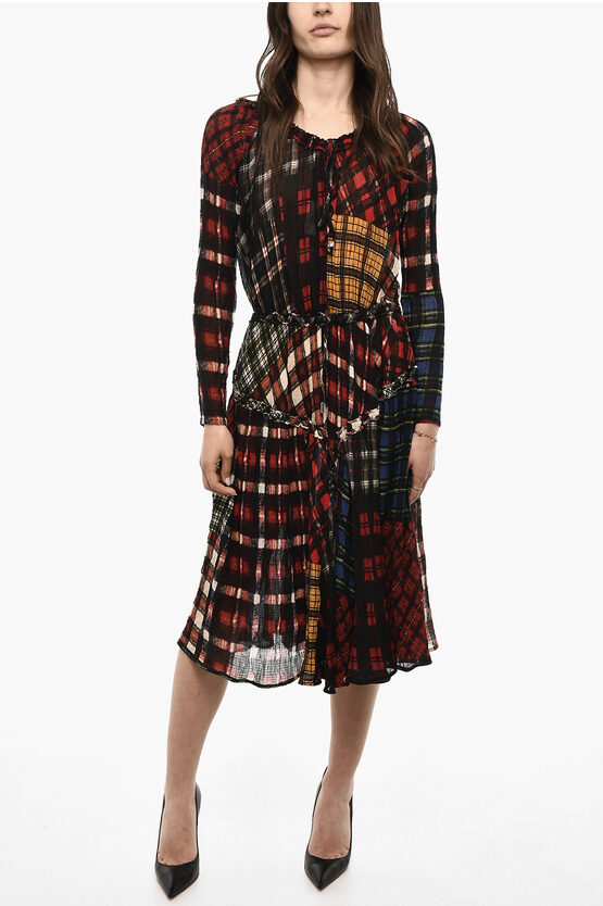 Dsquared2 Long Sleeved Silk Blend Dress With Tartan Motif
