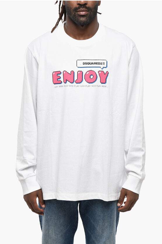 Dsquared2 Long Sleeved Skater Fit Tee Crew-neck T-shirt With Contrasti In White