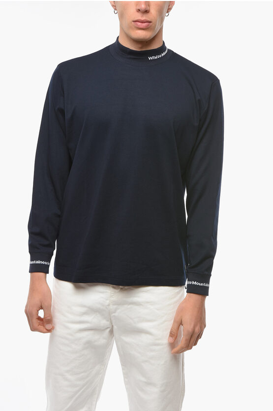 White Mountaineering Long-sleeved T-shirt With Logoed Cuffs And Collar In Blue