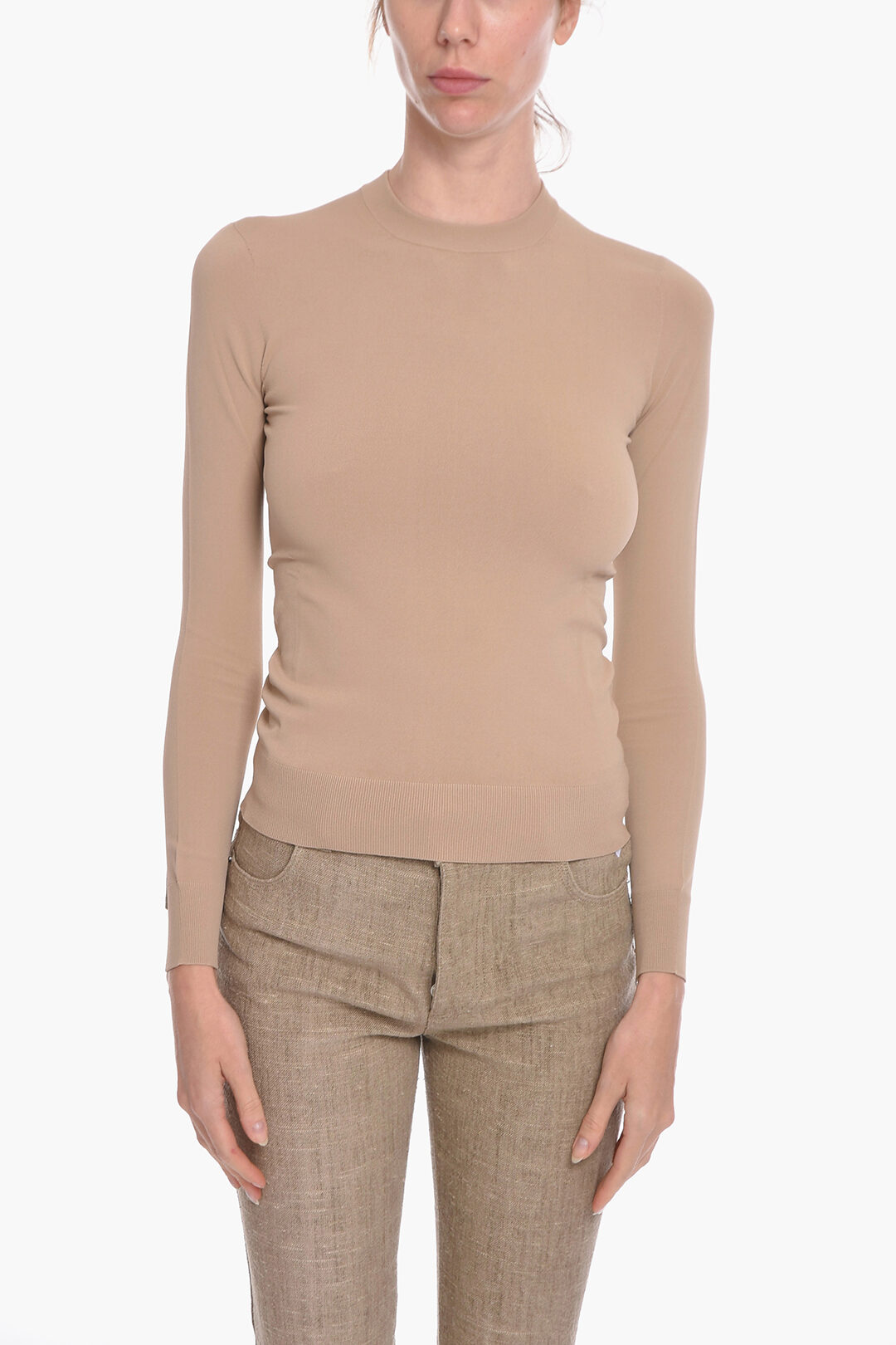 【関税&送料込】Bottega Veneta Melange Beige Viscosa Blend P Bottega Veneta Long-sleeved TECHNO SKIN Viscose Blend Top