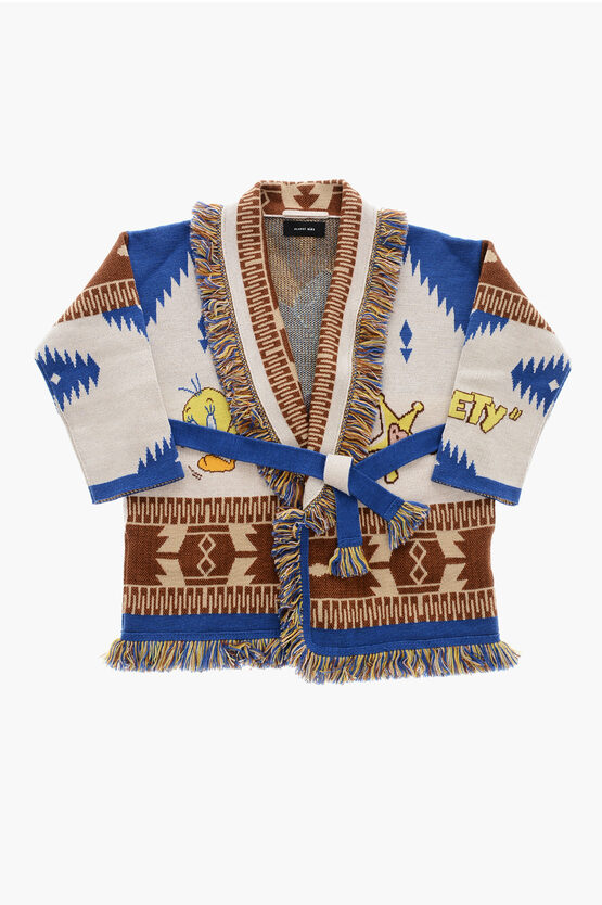 Alanui Looney Tunes Virgin Wool Tweety Cowboy Cardigan With Frayed In Multi