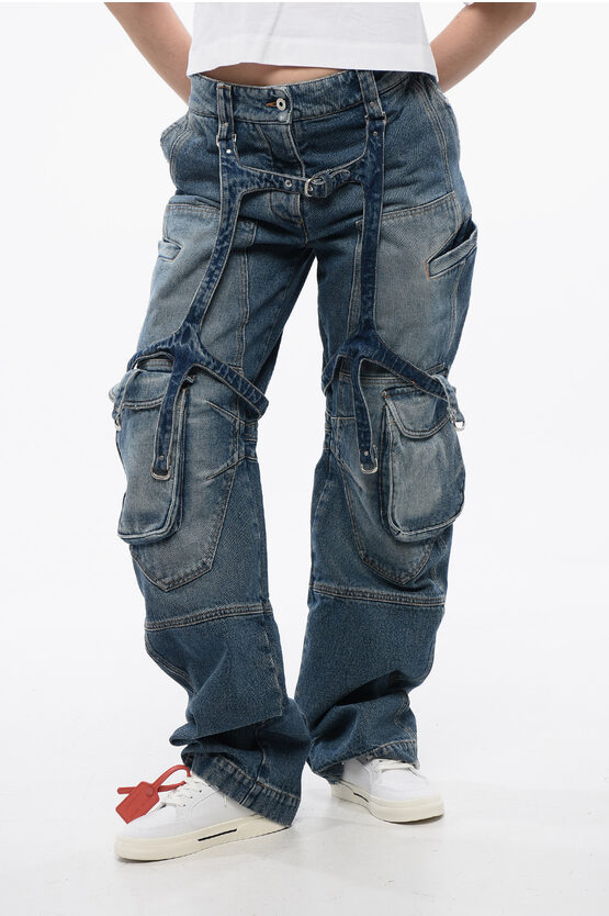Off-white Loose Fit Cargo Jeans With Regular Waist