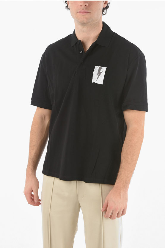 Neil Barrett Loose Fit Flag Bolt Polo With Printed Logo In Black