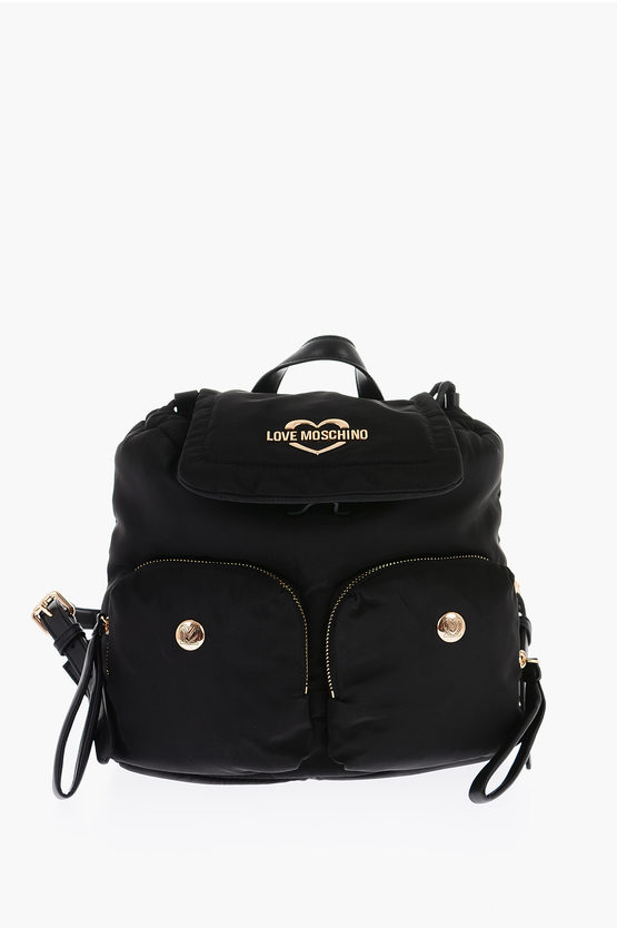 Moschino Love 2 Front Pockets Nylon Backpack In Black