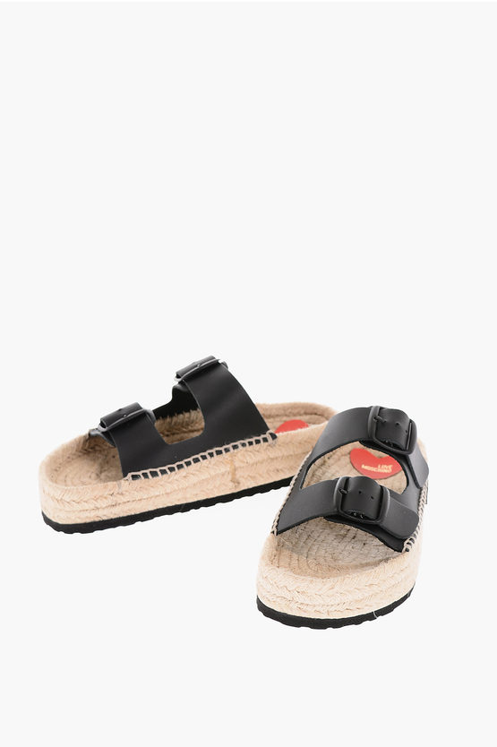 Moschino Love 5cm Leather Sandals With Double Buckle And Raffia Sole In Black