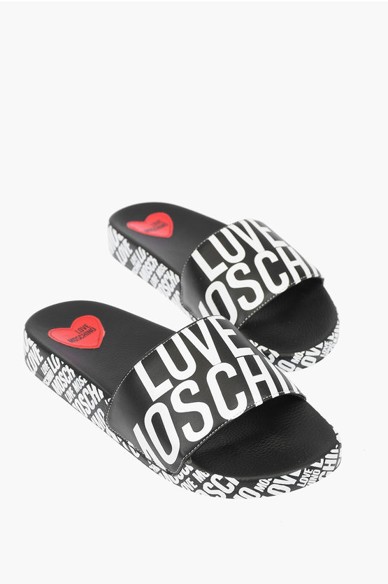 Moschino Love All Over Logo Faux Leather Slides In Black
