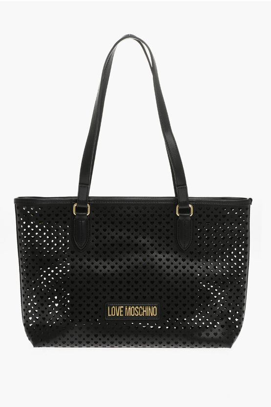 Moschino Love All-over Perforated Faux Leather Tote Bag In Black