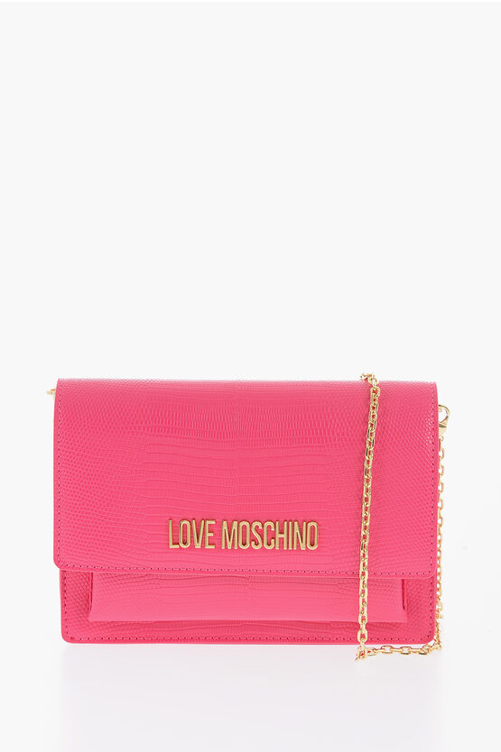 Moschino Love Croco-effect Faux Leather Lizard Bag With Golden Chain In Blue