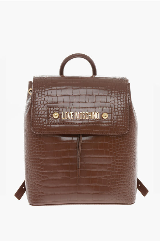 Moschino Love Crocodile Effect Faux Leather Backpack In Brown