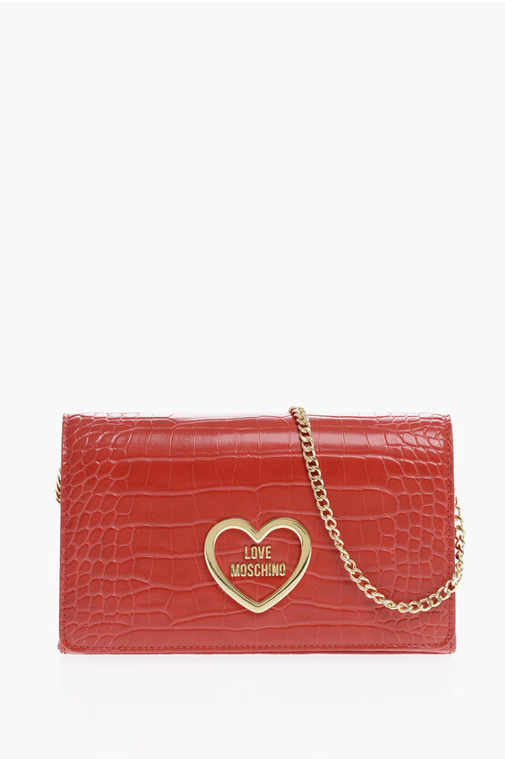 Moschino Love Crocodile Effect Faux Leather Bag With Chain Shoulder S In Red