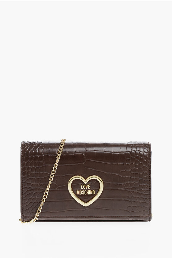 Moschino Love Crocodile Effect Faux Leather Bag With Golden Chain In Brown