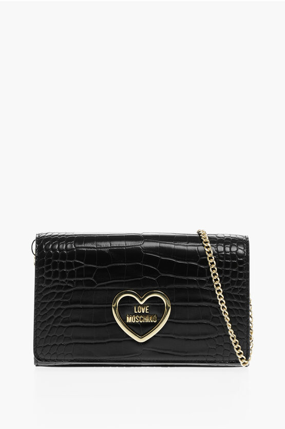 Moschino Love Crocodile Effect Faux Leather Bag With Golden Chain In Black