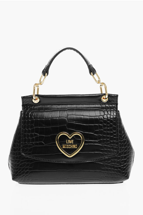 Moschino Love Crocodile Effect Faux Leather Bag With Removable Should In Black