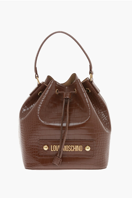 Moschino Love Crocodile Effect Faux Leather Bucket Bag With Maxi Logo