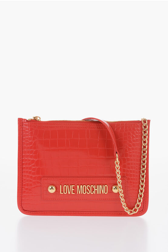 Moschino Love Crocodile Effect Faux Leather Clutch With Golden Logo In Black
