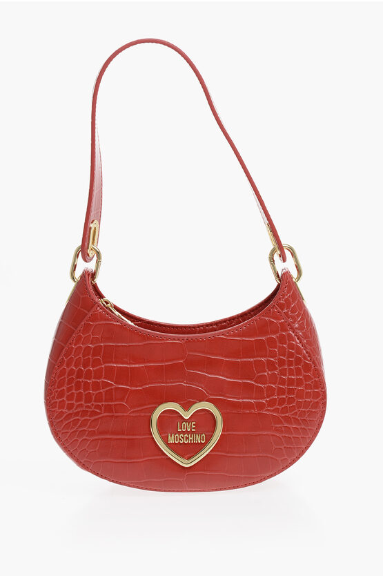 Moschino Love Crocodile Effect Faux Leather Hobo Bag With Golden Hear In Red