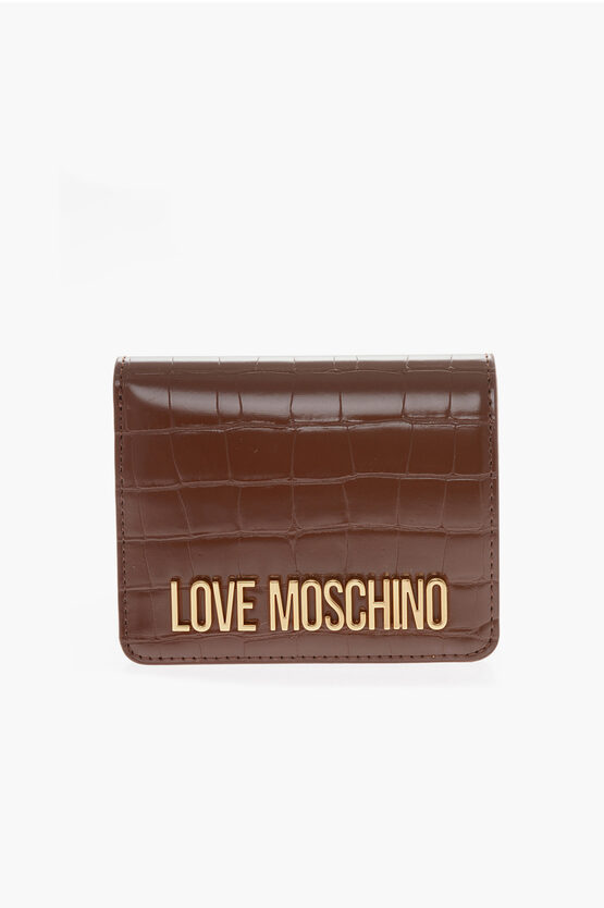 Moschino Love Crocodile Effect Faux Leather Mini Wallet With Coin Poc In Brown