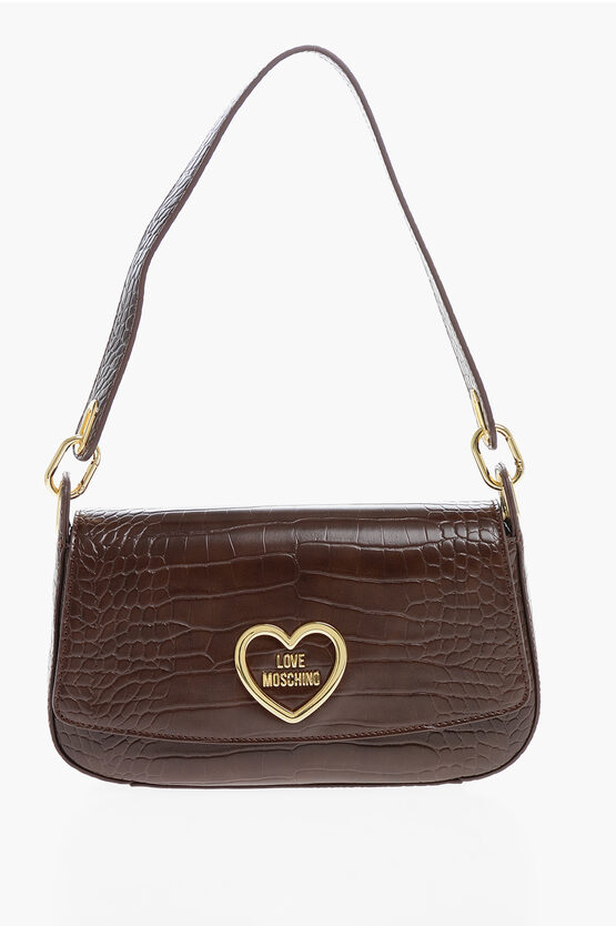 Moschino Love Crocodile Effect Faux Leather Shoulder Bag With Golden In Brown
