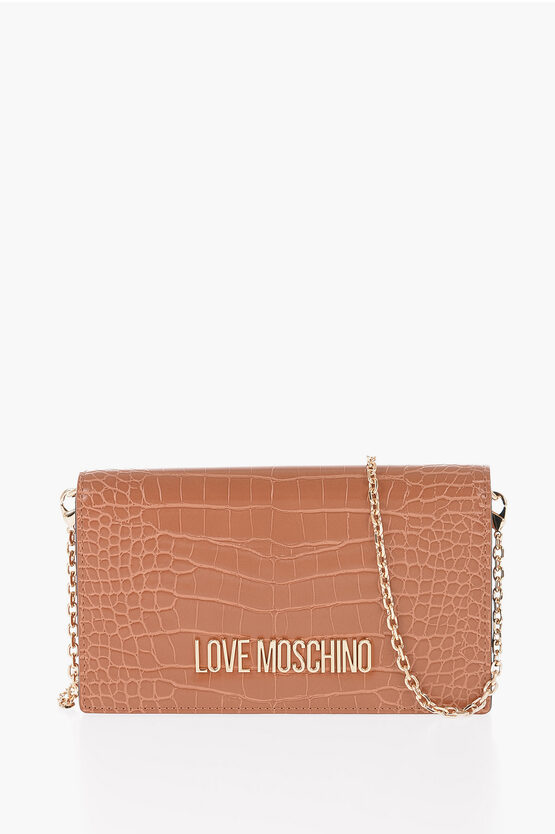 Moschino Love Crocodile Effect Faux Leather Shoulder Bag With Inner C In Brown