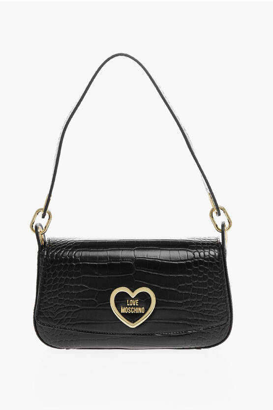 Moschino Love Crocodile Effect Faux Leather Shoulder Bag In Black