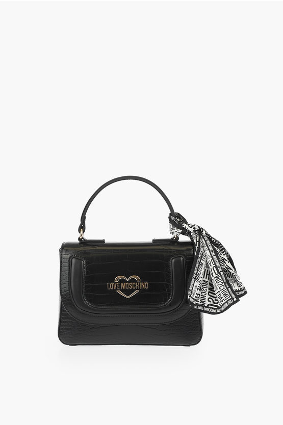 Moschino Love Crocodile Effect Faux Leather Top Handle Bag With Necke In Black