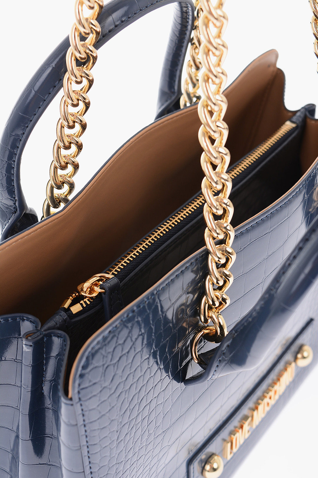 Moschino LOVE Crocodile Effect Faux Leather Tote Bag with Chain