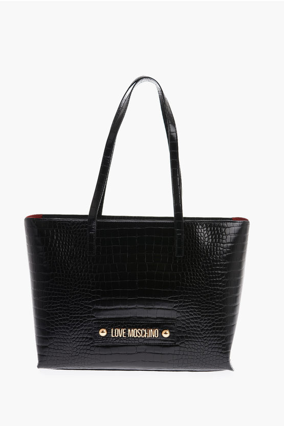 Moschino Love Crocodile Effect Faux Leather Tote Bag In Black