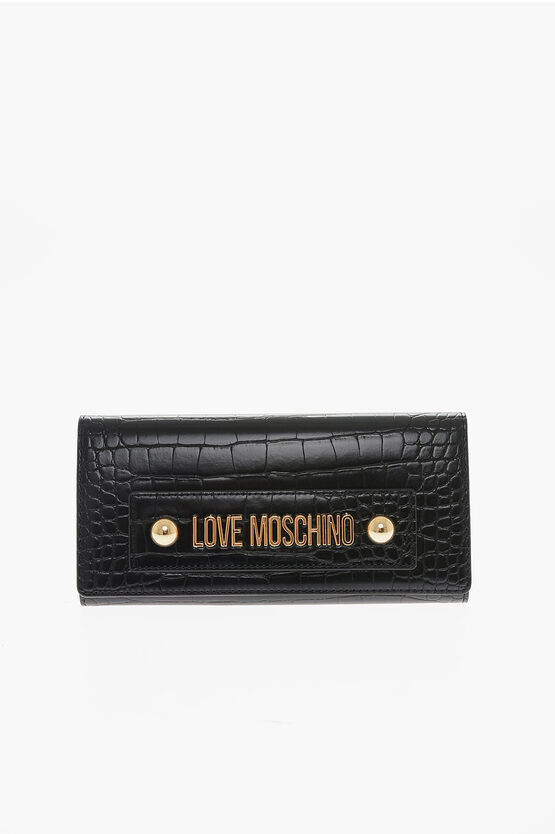 Moschino Love Crocodile Effect Faux Leather Wallet With Golden Logo In Black