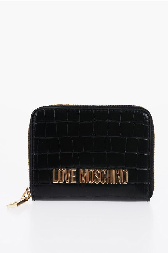 Shop Moschino Love Crocodile Effect Faux Leather Wallet With Golden Metal