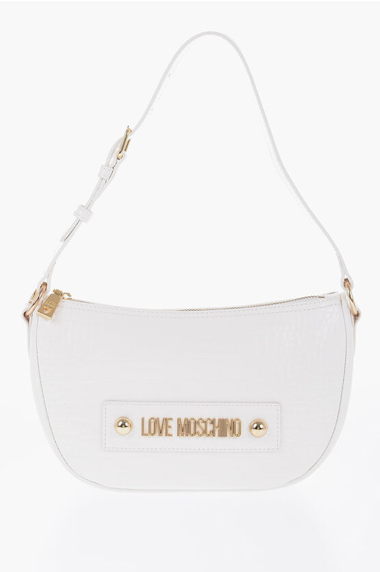 Moschino Love Crocodile Effect Shoulder Bag With Logo Plaque In White