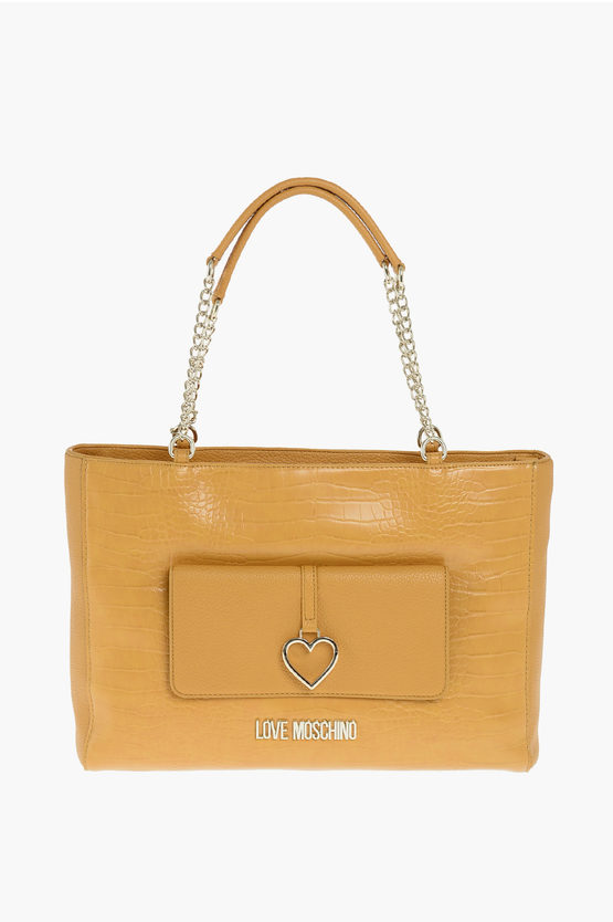 Moschino Love Crocodile Printed Faux Leather Tote Bag In Yellow