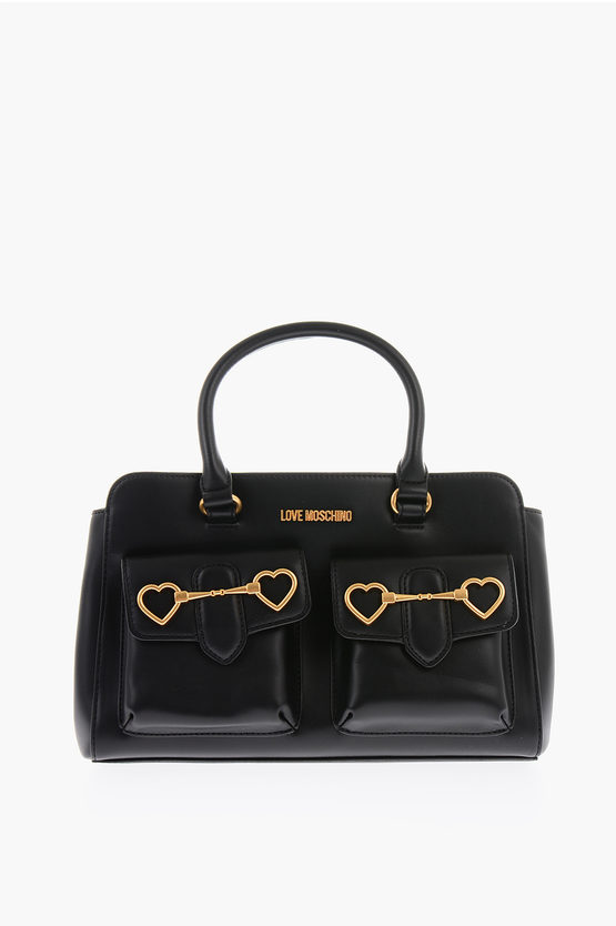 Moschino Love Double Front Pocket Faux Leather Bag In Black