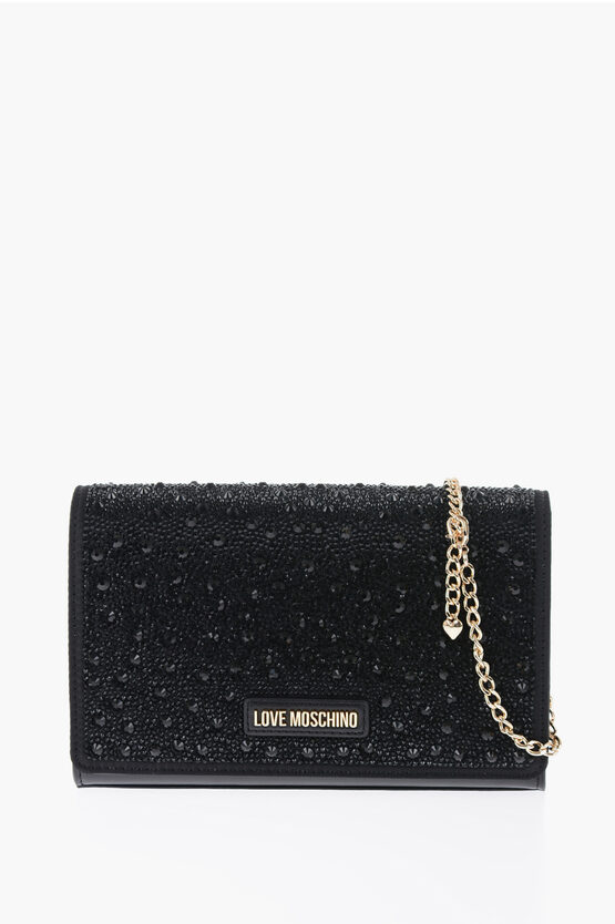 Moschino Love Embellished Rhinestones Shoulder Bag With Golden Detail In Black