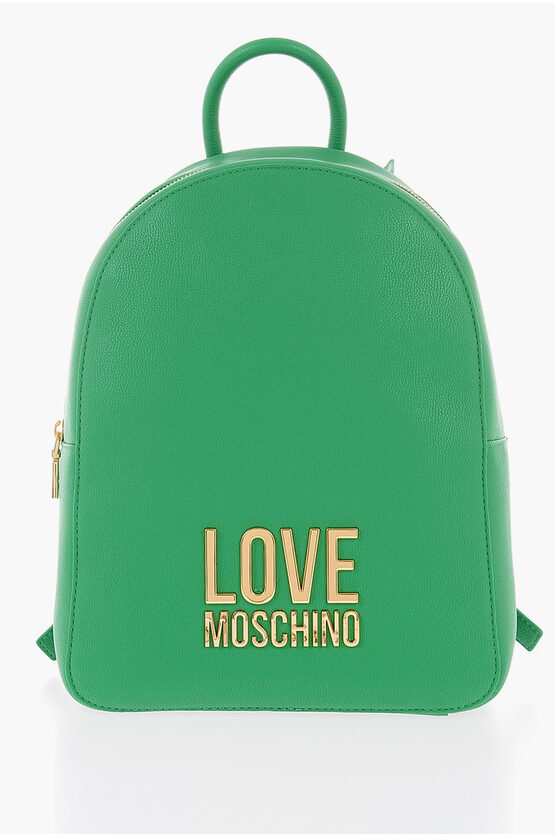 Moschino Love Embossed Golden Maxi Logo Textured Faux Leather Backpac In Burgundy
