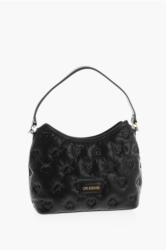 Moschino Love Embossed Hearts All Over Faux Leather Hobo Bag In Black