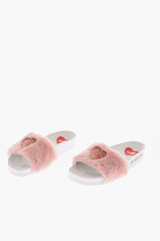 Moschino Love Faux Fur Birki30 Sandals With Golden Heart And Jewelry In Pink