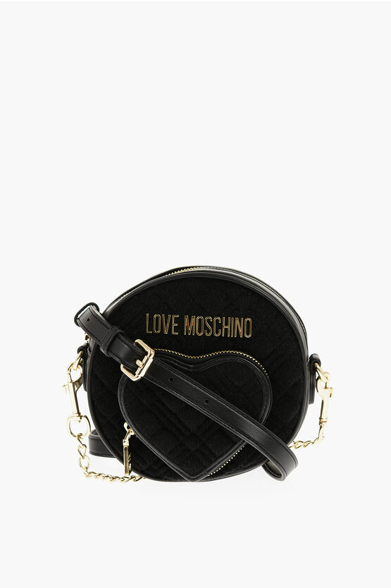 Moschino Love Faux Leather And Fabric Round Crossbody Bag With Heart In Black