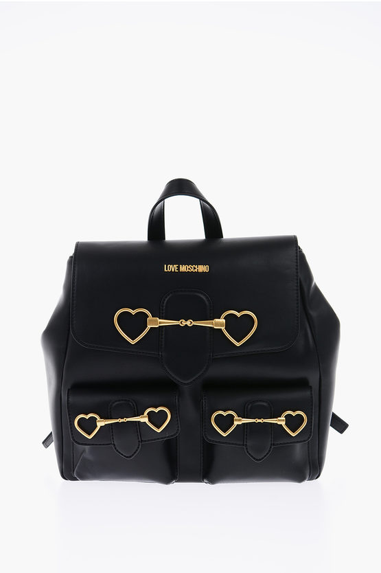 Moschino Love Faux Leather Backpack With Double Pockets Front In Black