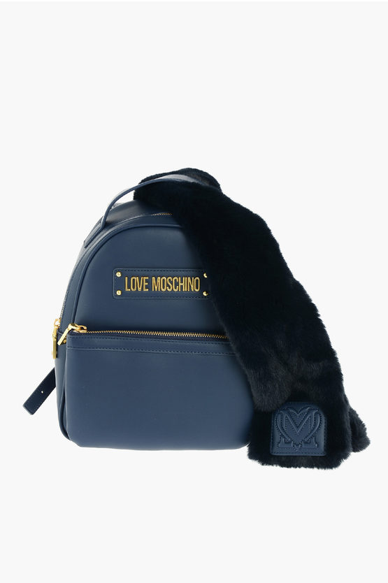 Moschino Love Faux Leather Backpack With Faux Fur Applied In Blue
