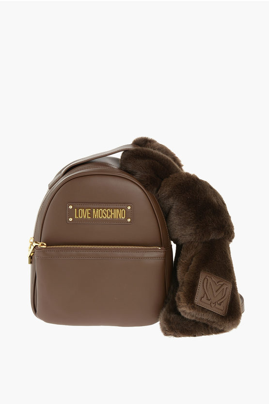 Moschino Love Faux Leather Backpack With Faux Fur Applied In Brown