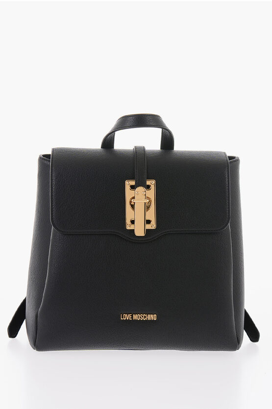 Moschino Love Faux Leather Backpack With Golden Details In Black